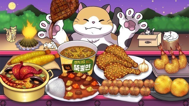 'Mukbang Animation Curry Rice Lamb Skewers set eating Food fighter cat'