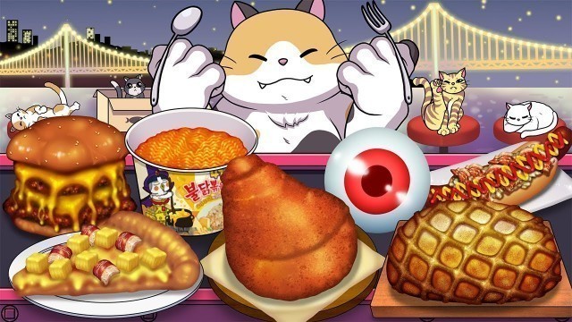 'Mukbang Animation Food fighter cat eating SchweinsHaxe set'