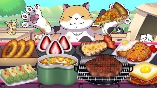 'Mukbang Animation Camping steak set eating Food fighter cat'