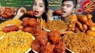 'Street Food Eating Challenge with my Nephew | Chicken Leg Piece, Fire Noodles ASMR eating Mukbang'