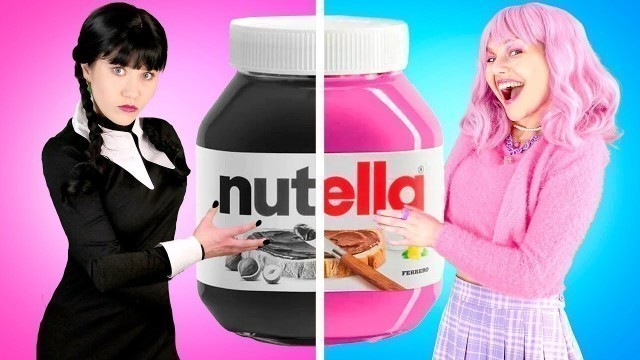 'PINK VS BLACK Food Challenge - Wednesday VS Enid Eating Only 1 Color Snacks Challenge by Gotcha!'