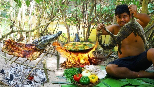 'Cooking Crocodile meat bbq - Grilled Crocodile bbq - cook Crocodile meat Soup'