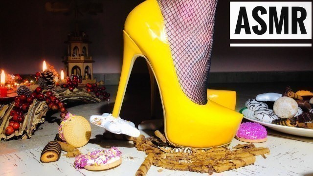 'ASMR.Crushing cookies with leather high heeled stilettos for Santa.Food crushing.No talking 10'