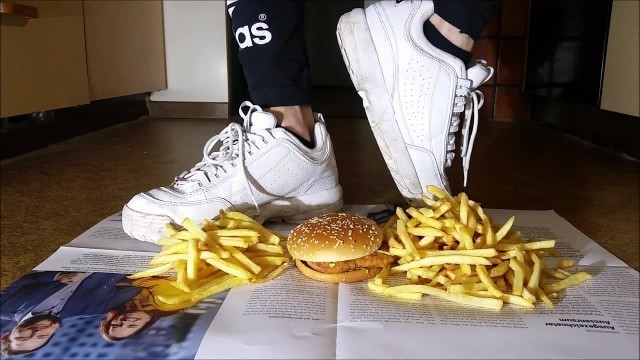 'Burger Crushing with Fila Disruptor Sneaker | Crush Fetish Food'