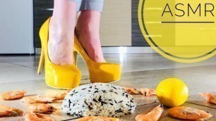 'ASMR.What to eat in a day.Crushing food with leather high heels (shrimps, lemon, salad).No talking'