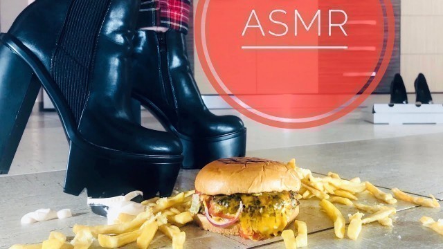 'ASMR.What not to eat: tortelini,hamburger, pizza.Crushing food with boots and heels.No talking'