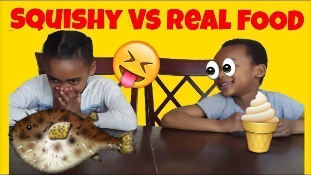 'Kids Play Squishy food VS Real Food Challenge Game Sis and Bro Girls VS Boys'