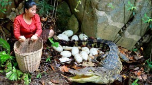 'Finding food for dog Meeting crocodile egg | Cooking crocodile egg  dogs Eating | survival Skills'