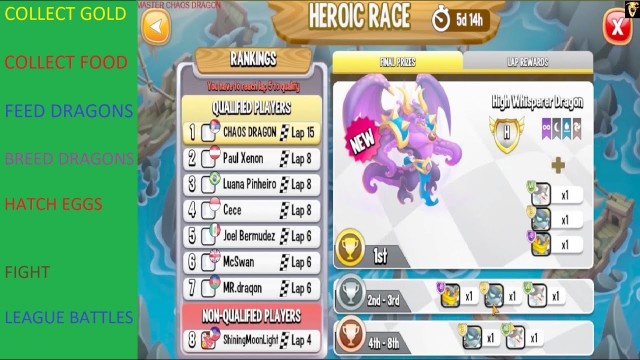 'Dragon City-Heroic Race:Tricks and tips:Collect gold,food,feed,breed,hatch,fight,league battles!'