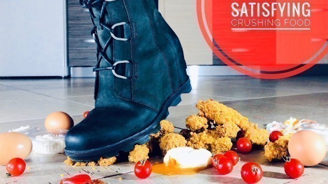 'ASMR.Satisfying food crushing with NEW LEATHER BOOTS (Joan of Arctic Wedge Sorel).No talking'