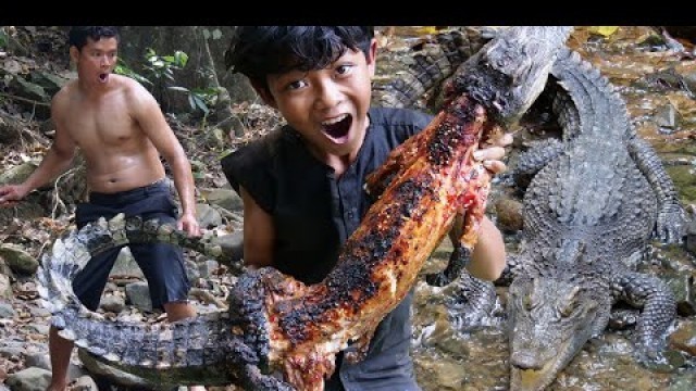 'Primitive Technology - Grilled crocodile in forest - Eating delicious'