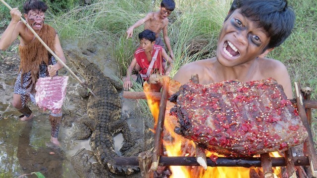 'Primitive Technology - Eating Delicious - Catch Crocodile & Grilled Pork Rib For Food In Jungle #189'