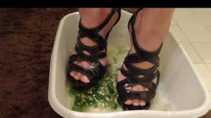 'Food crush cucumber tomato in strappy heels, jelly heel, clear shoes, trash old pealing wedges'