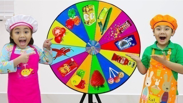 'Annie and Sammy Pretend Play the MYSTERY SPIN THE WHEEL Food Challenge | Funny Stories with Toys'