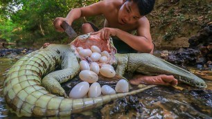 'Amazing! Crocodile Eggs In Big Crocodile Stomach & Cooking at Home - Survival Time'