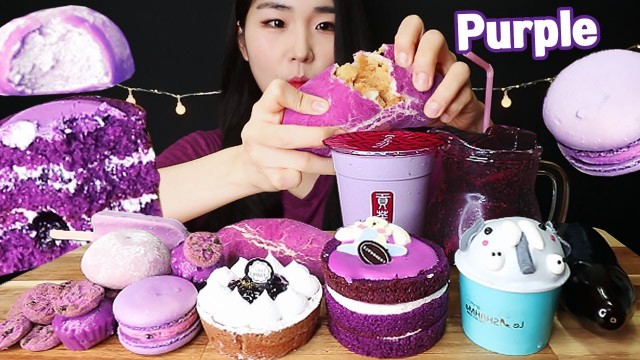 'ASMR PURPLE FOOD 보라색 디저트 먹방 ICE CREAM, MACARON, BUBBLE TEA, CAKE, BREAD, TART MUKBANG EATING SOUNDS'