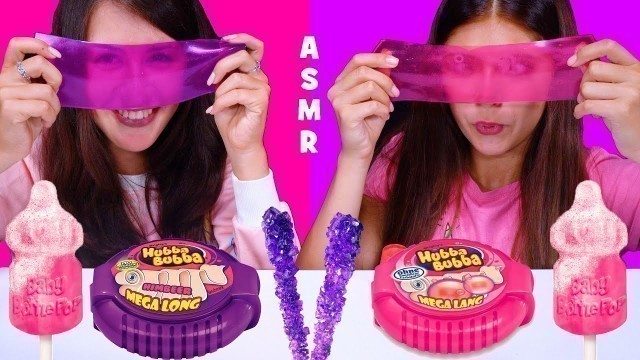 'Pink Food VS Purple Food ASMR Eating Challenge (Hubba Bubba, Rock Candy, Jello Sheet)'