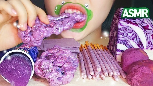 'ASMR PURPLE FOOD PLATTER (CEREAL TREAT, EDIBLE PAPER, CHAPSSALTTEOK, POCKY, CABBAGE)| DUEATS ASMR 