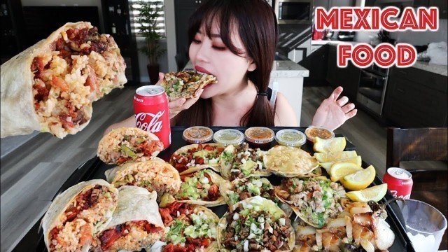 'MEXICAN STREET FOOD MUKBANG 먹방 (Carne Asada, Al Pastor, & Carnitas Burrito, Tacos, Mulita, Vampiros)'