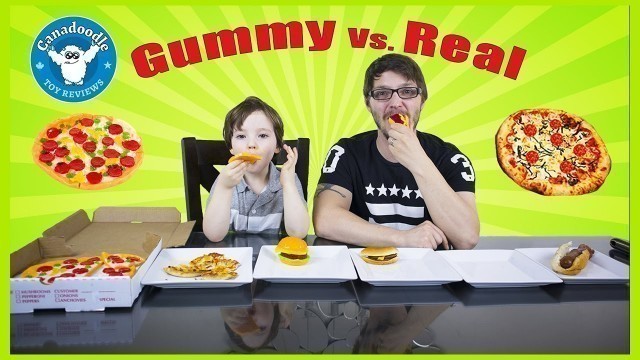 'GUMMY FOOD VS. REAL FOOD! taste test challenge Gummy Burger Gummy Pizza Canadoodle Toy Reviews'