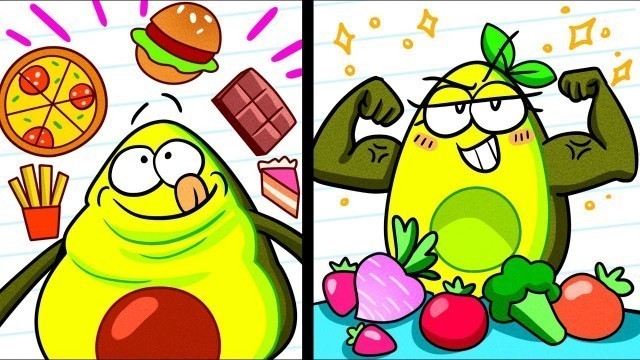 'JUNK FOOD vs HEALTHY FOOD || Vegetables Go on a Diet || Avocado Couple'