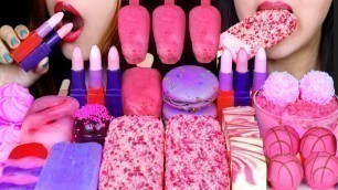 'ASMR PINK + PURPLE EDIBLE LIPSTICKS, CAKE POPS, CHEESECAKE, ICE CREAM, CHOCOLATE TRUFFLE, JELLY 먹방'