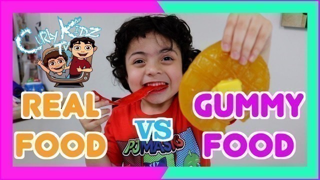 'Gross Real Food VS Gummy Food Challenge Giant Gunmy Candy Review Breakfast Edition Kids Taste Test'