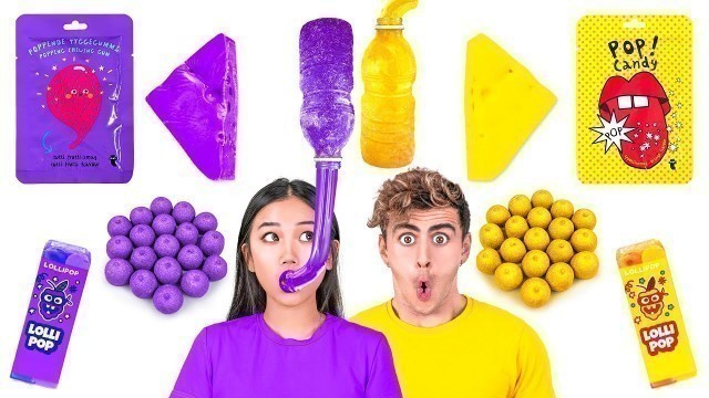 'EATING ONLY ONE COLOR FOOD FOR 24 HOURS! Purple VS Yellow Mukbang by 123GO! CHALLENGE'